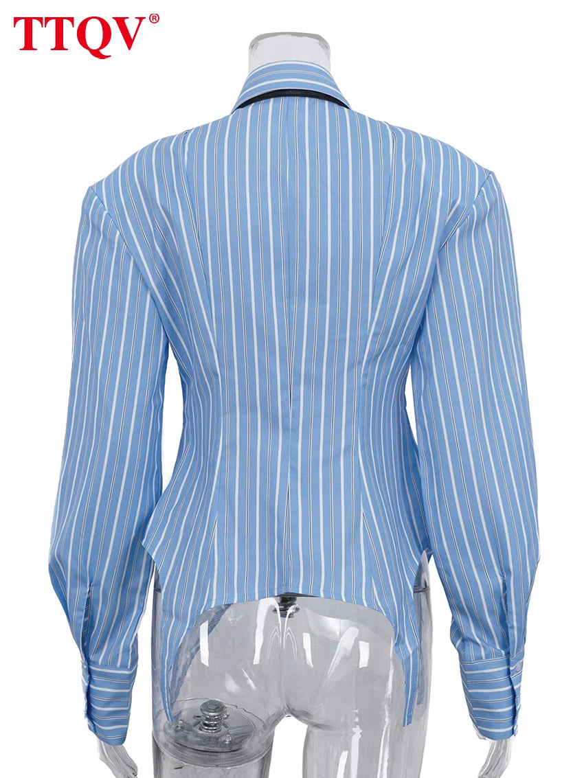 Loose Stripe Print Blouse Lapel Long Sleeve — Light Blue | KIMLUD