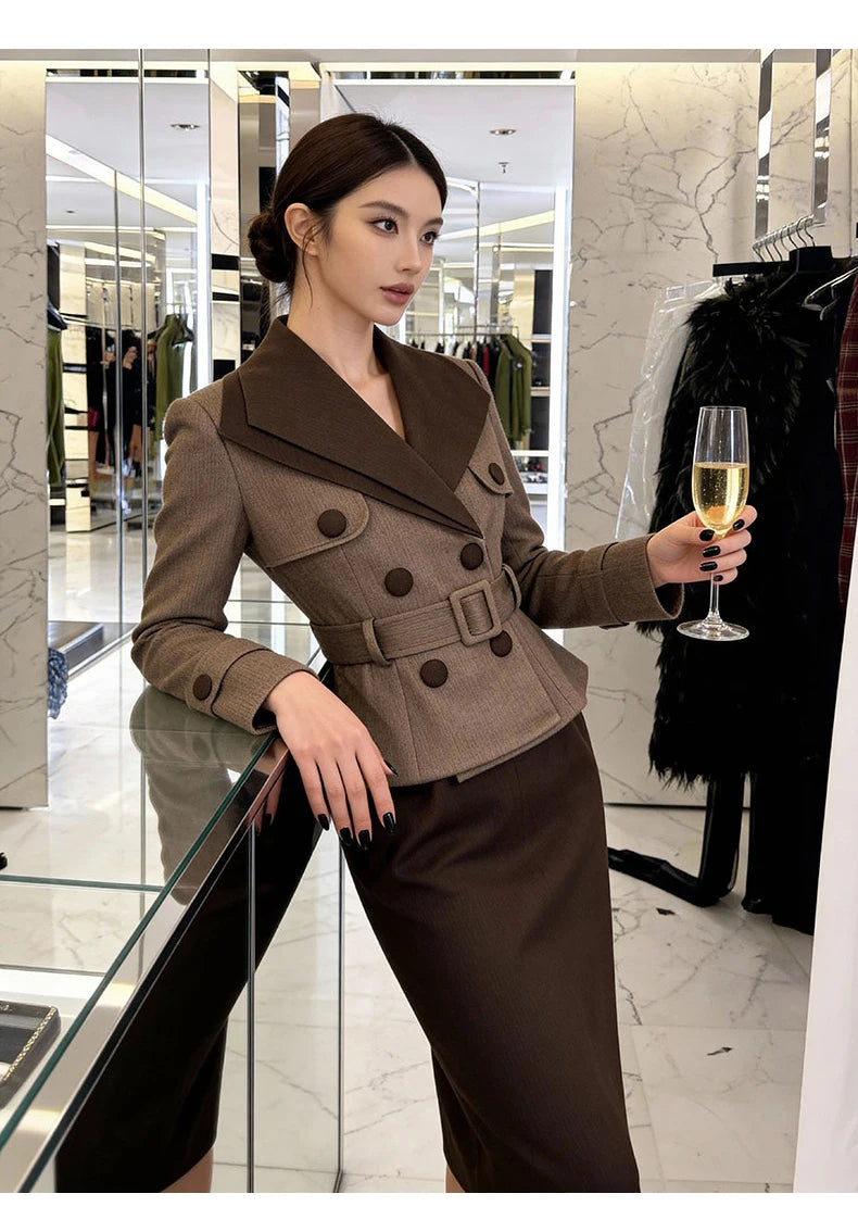 Midi Dress - High Waist Slim Pencil - Polyester - Brown | KIMLUD