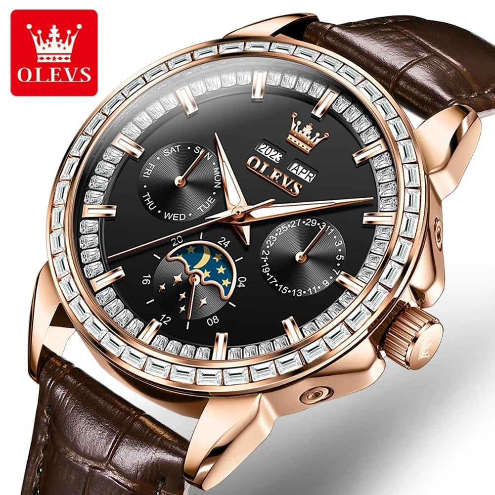 Leather Moon Phase Diamond Bezel Watch — Rose Gold | KIMLUD