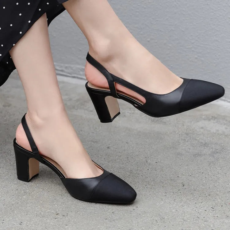 Genuine Leather Slingback Pumps Cap Toe — Beige Nude | KIMLUD