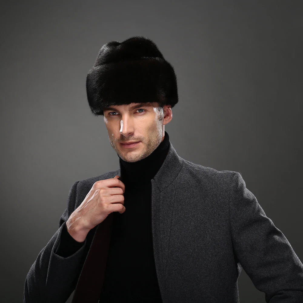 Mink Fur Winter Hat — Top-Hat Crown Silhouette — Deep Black | KIMLUD