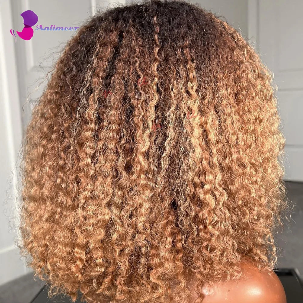Curly Afro Wig Hair Wigs Human Hair — Black Roots Honey Blonde | KIMLUD