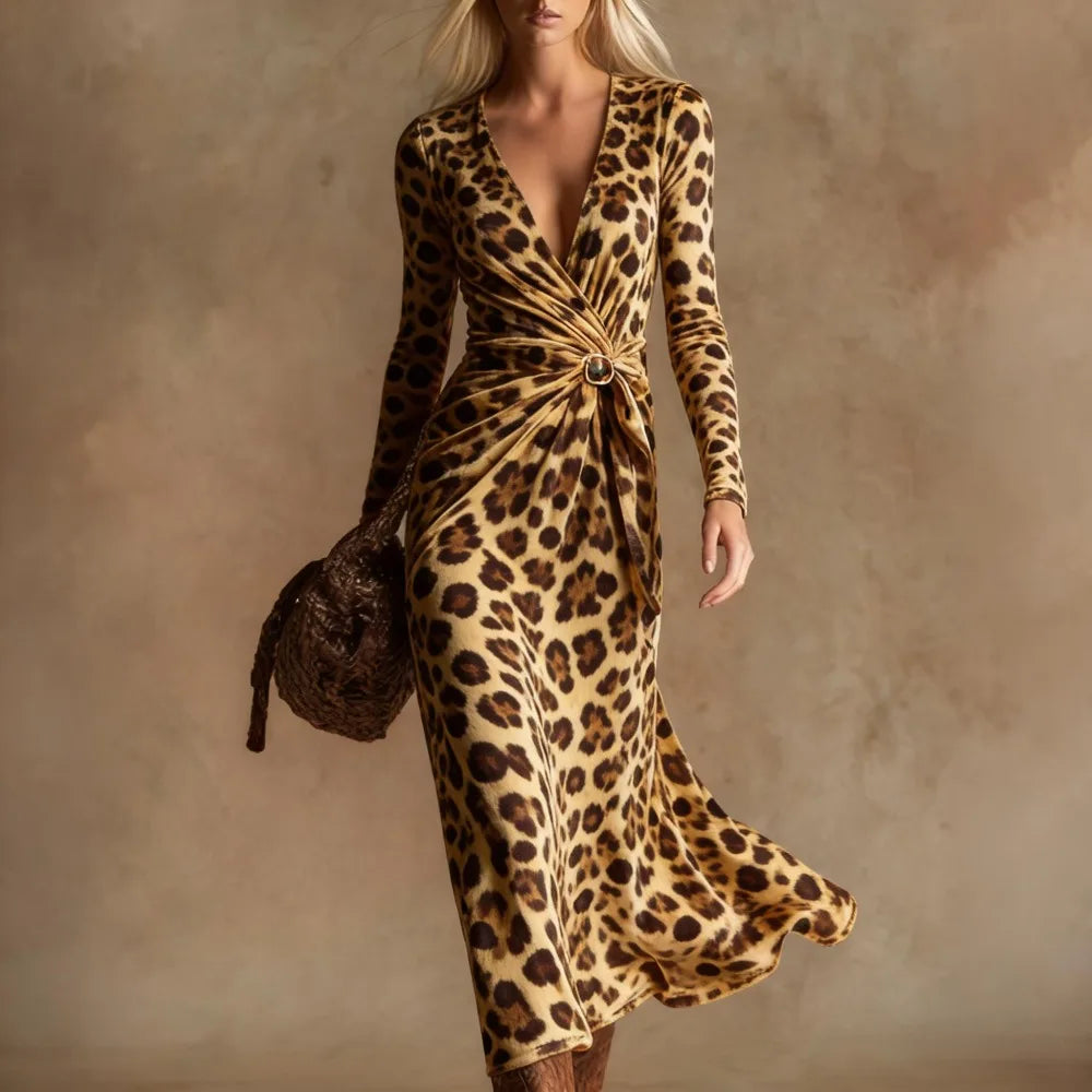 Leopard Print Maxi Dress – Twist Front – Polyester – Leopard | KIMLUD