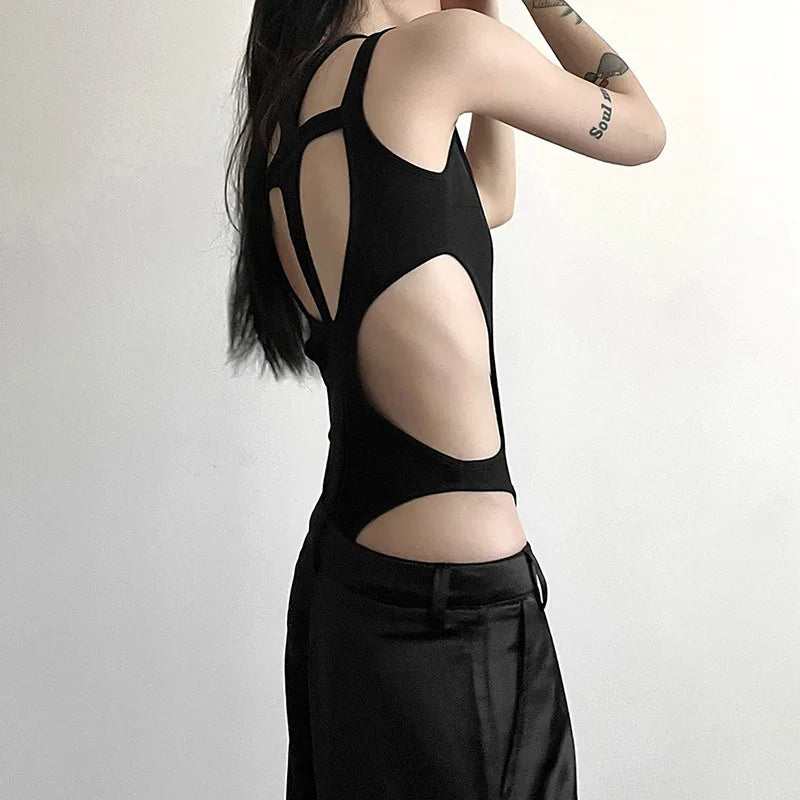 Gothic tops Y2k clothes sexy spicy hollow out bodysuit nigh clubwearr ashion women's patchwork slim fitting jumpsuit top tees