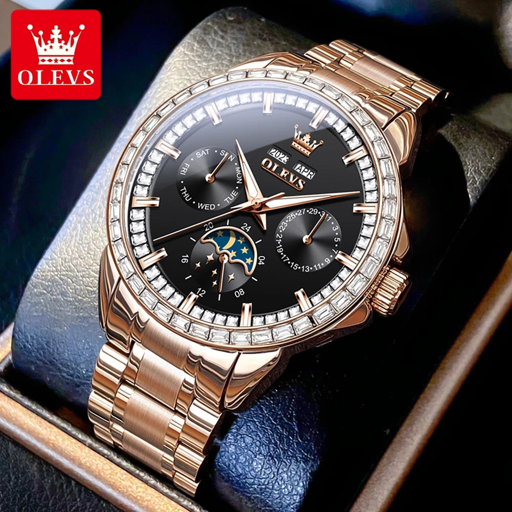 Rose-Gold Moon Phase Diamond Bezel Watch — Black | KIMLUD