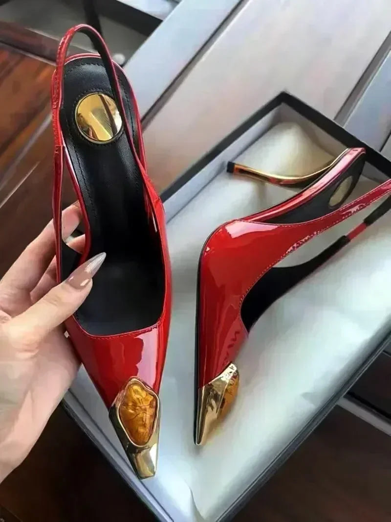 Metal Jewel Decoration Heels Pointed Toe Patent Leather — Black | KIMLUD