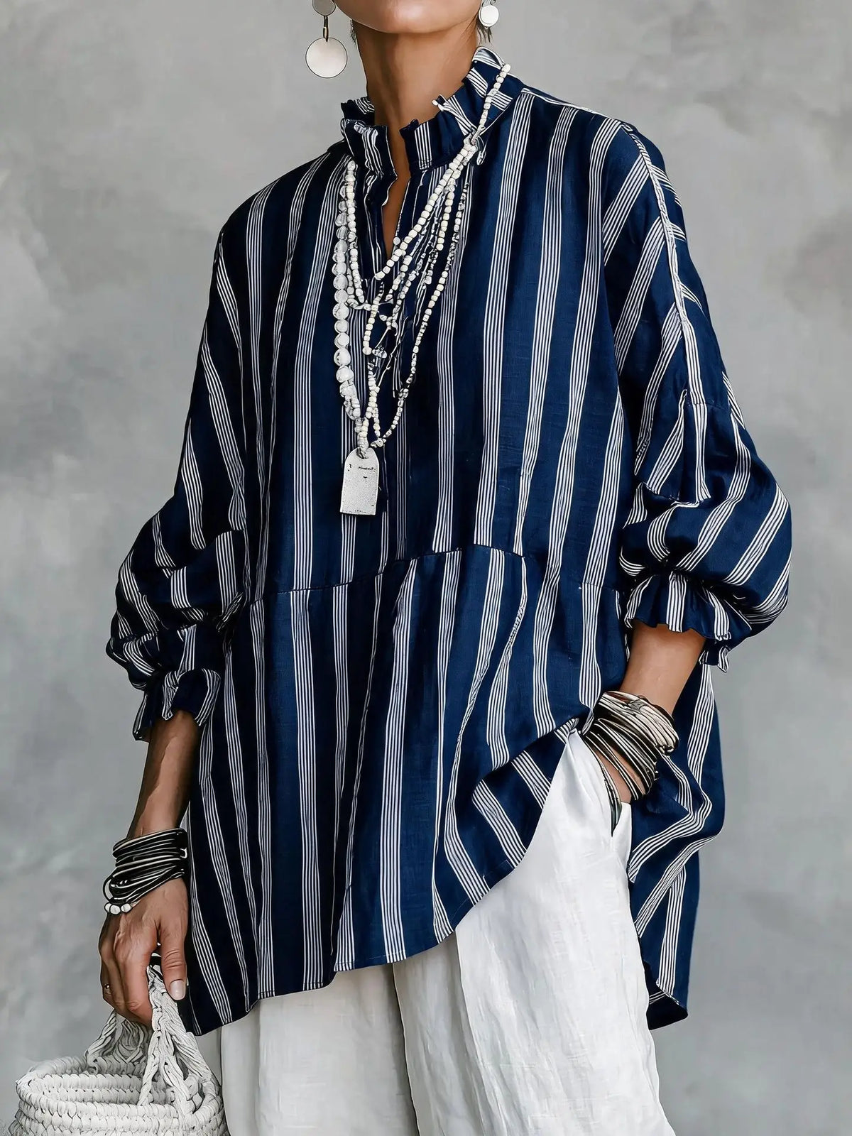Blouse – Stripes Print – Loose Silhouette – Autumn Casual | KIMLUD