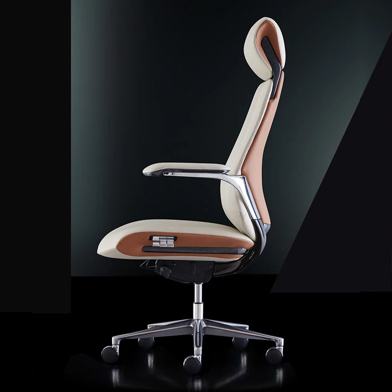 Leather Executive Office Chair With Ergonomic Back Support And Five Star Alloy Base — Cream Beige | KIMLUD