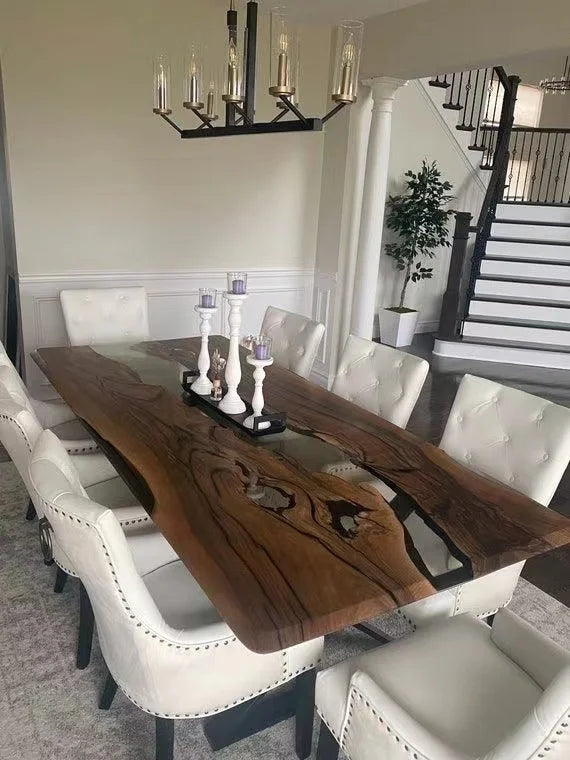 Walnut Wood Dining Table Top Amber Resin River — Walnut | KIMLUD