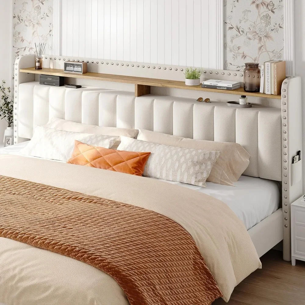 KIMLUD, King Size Bed Frame with Storage and Headboard, Upholstered Kings Beds Frames with Storage, King Bed Frame with 2 Drawers, KIMLUD Womens Clothes