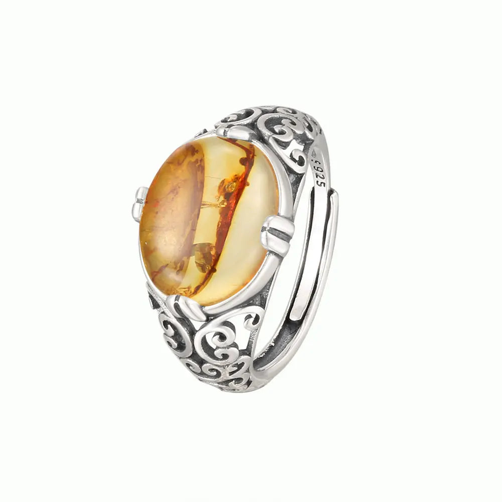 Sterling Silver Ring Adjustable Vintage Hollow Floral Design — Amber | KIMLUD