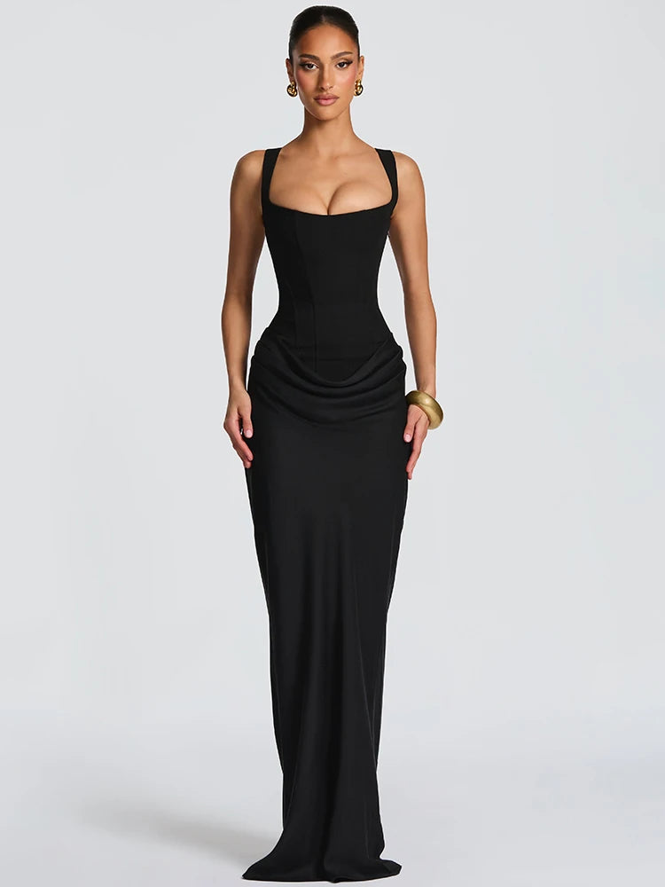 Backless Maxi Dress With Square Collar — Burgundy | KIMLUD