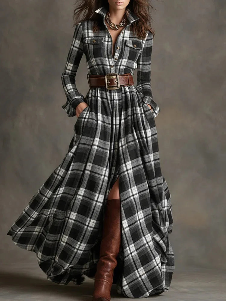 Polyester A-Line Dress Plaid Belted Retro Long Sleeve Turn-Down Collar — Black | KIMLUD