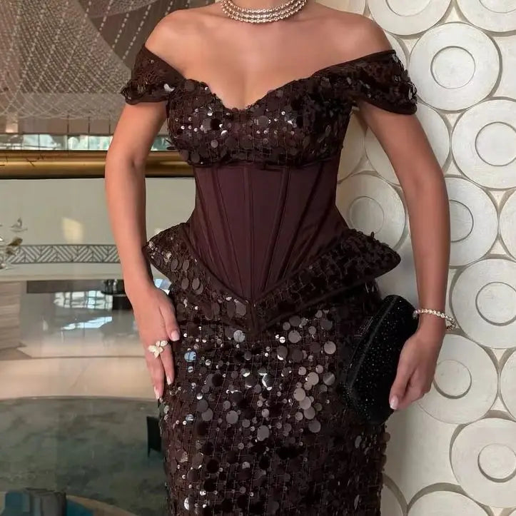 Cocktail Dress – Off-Shoulder Corset Peplum – Sequin – Brown | KIMLUD