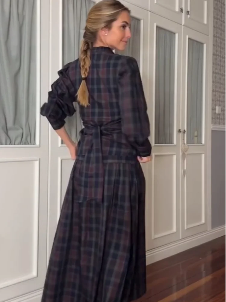 KIMLUD, Casual V-neck Checkered Lace Up Suit Women Fashion Long Lantern Sleeves Single-breasted Slim Set 2025 Lady Commute street Outfit, KIMLUD Womens Clothes