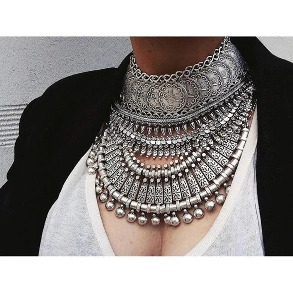 Collar Necklace - Big Chunky - Tibetan Silver - Silver | KIMLUD