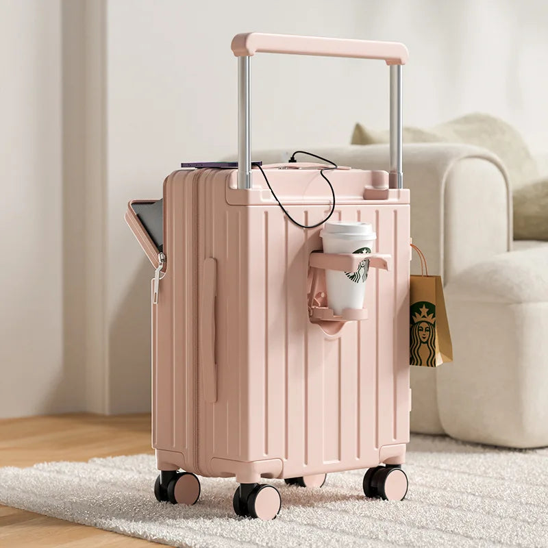 Wide tie rod suitcase Men's and women's multi-functional front opening boarding case New water cup holder Password travel case