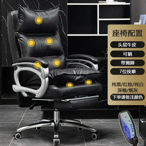 Leather Executive Chair Ergonomic High Back 135-Degree Footrest Recliner With Lumbar Massage — Black | KIMLUD