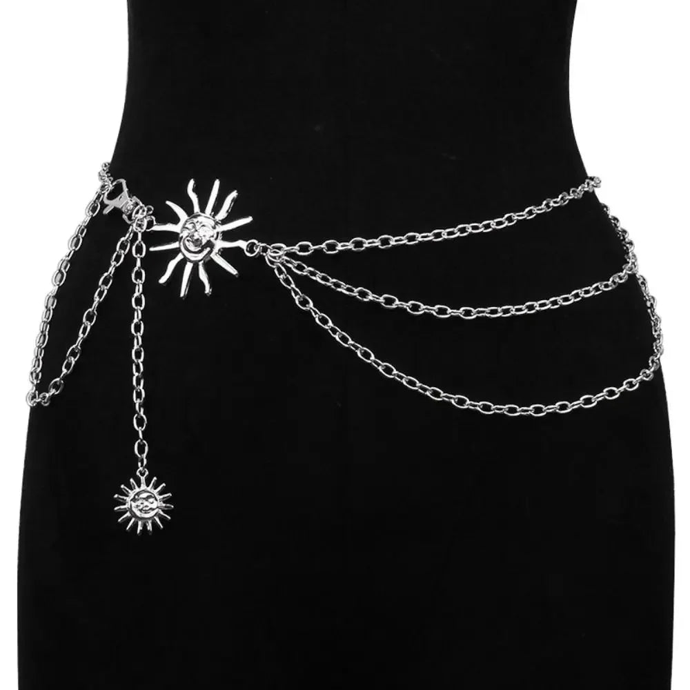 Punk Hip Hop Style Waist Chain Sun Moon Star — Silver | KIMLUD