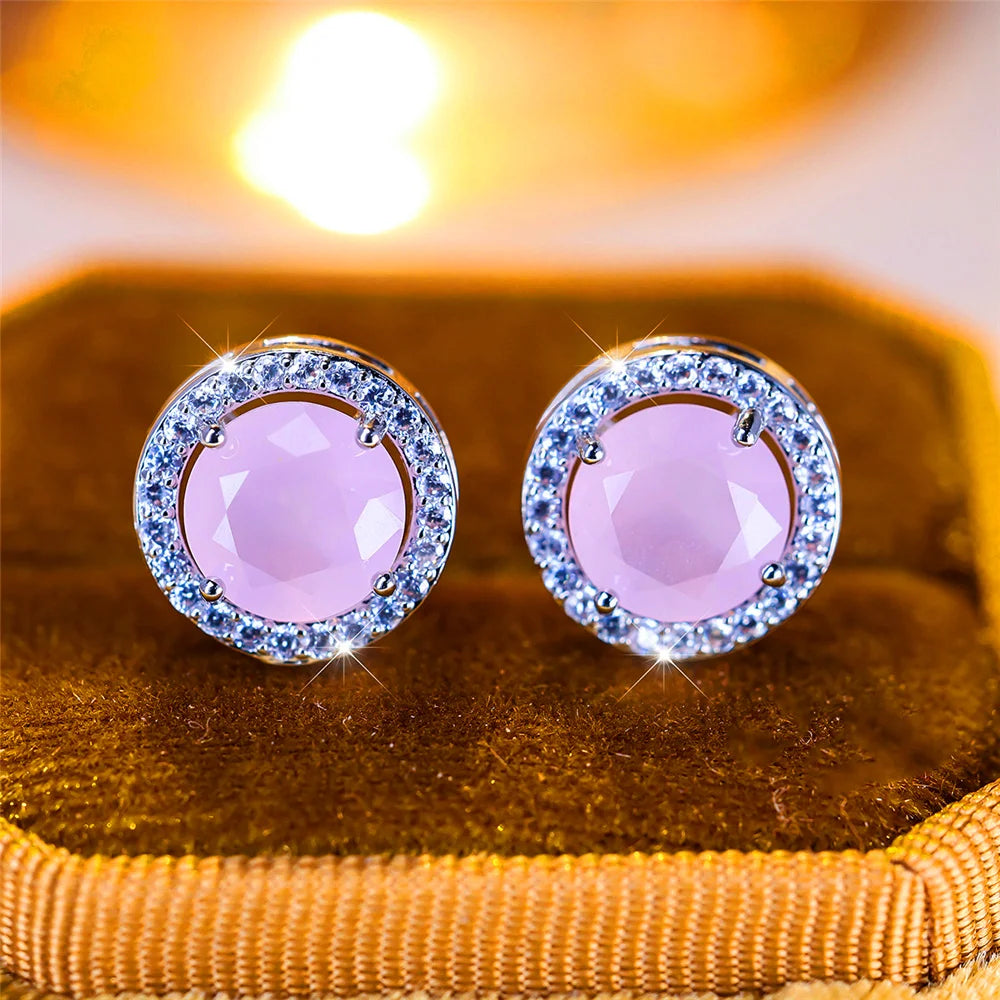 Crystal Stud Earrings Round — Purple Blue Green | KIMLUD