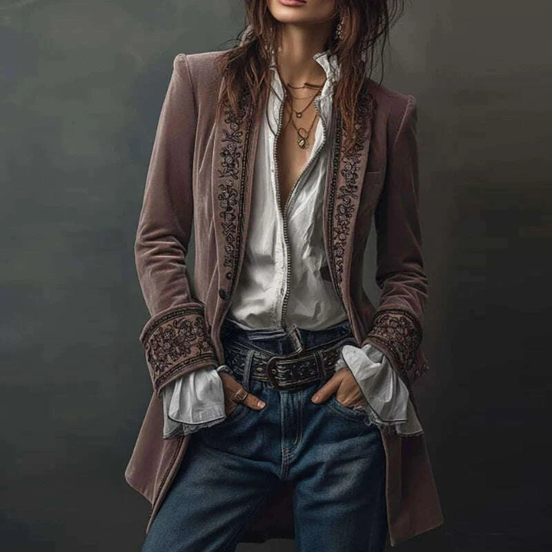 KIMLUD, Ethnic Retro Floral Print Velvet Woman Blazer Jacket Sexy Notched Collar Slim Autumn Outerwear Long Sleeve Winter Cardigans Coat, KIMLUD Womens Clothes