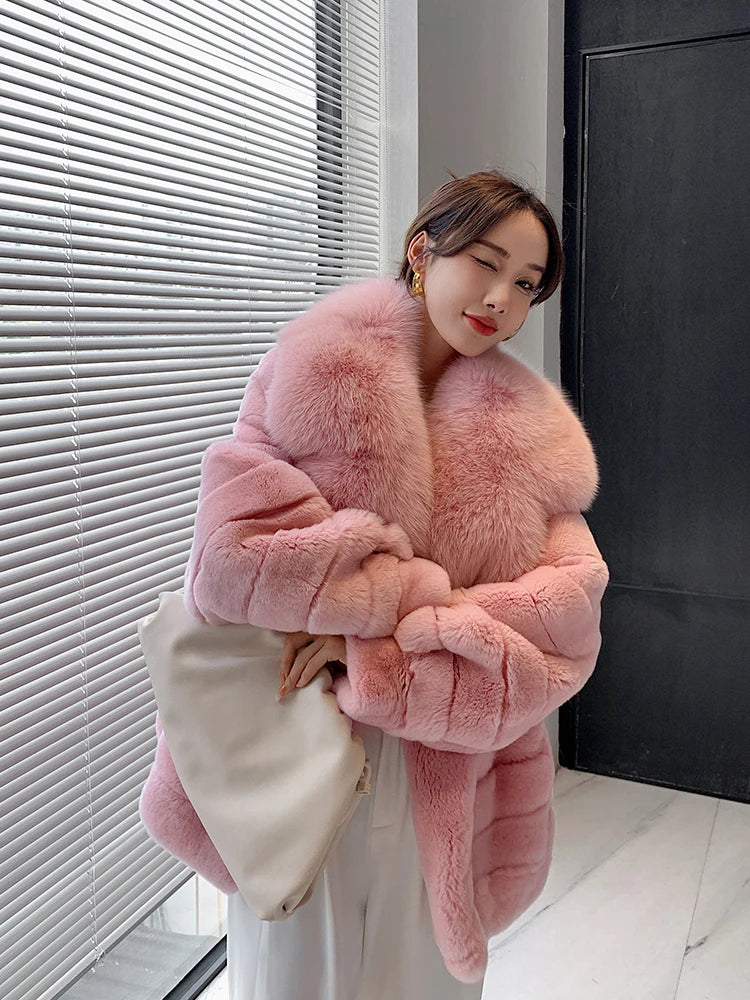 Rex Rabbit Fur Coat – Fox Fur Collar – Chinchilla Color | KIMLUD