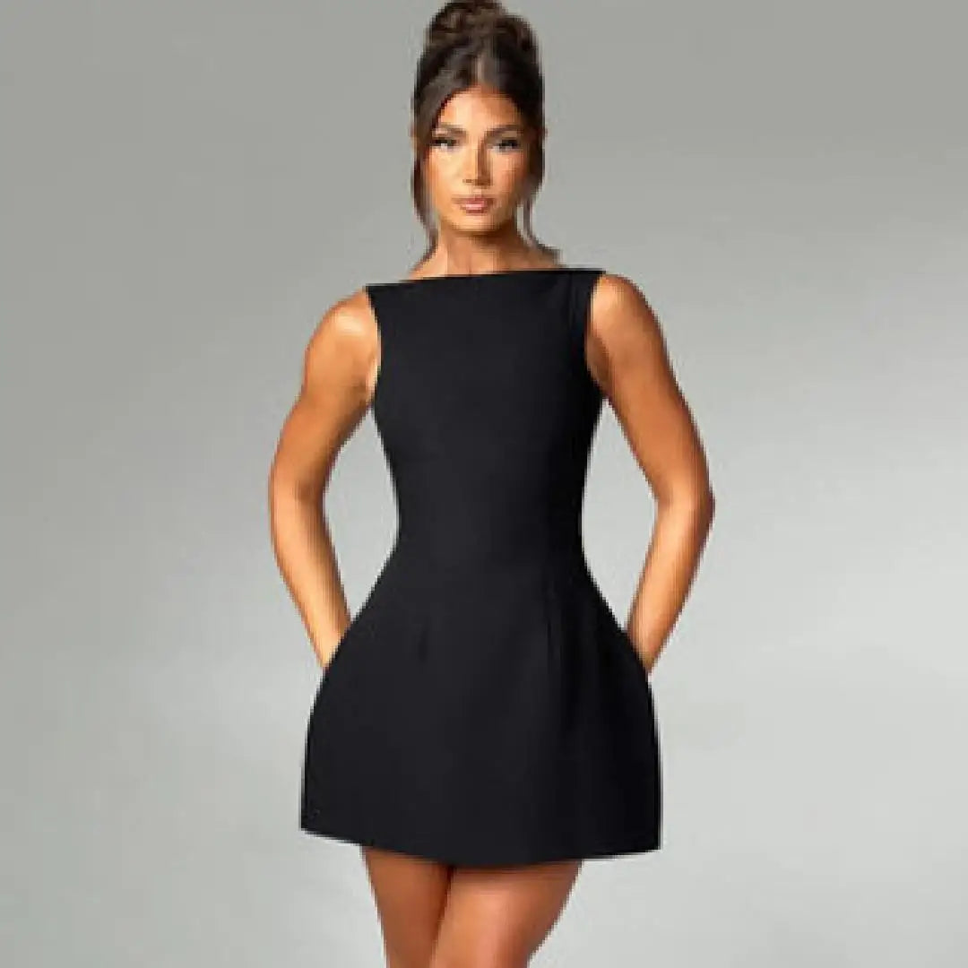 Backless Mini Dress A-Line Silhouette Slim-Line — Black | KIMLUD