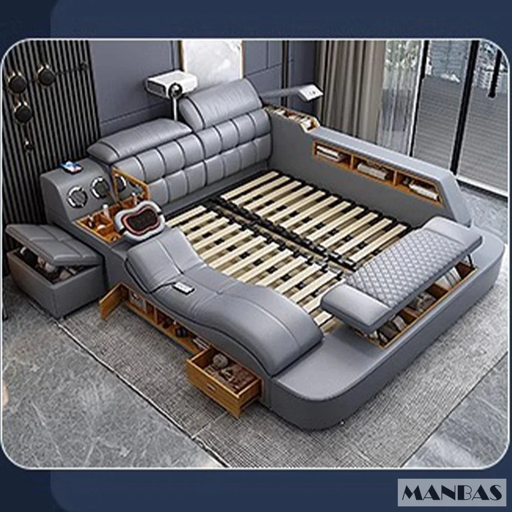 Genuine Leather King Size Bed With Massage — Pink | KIMLUD
