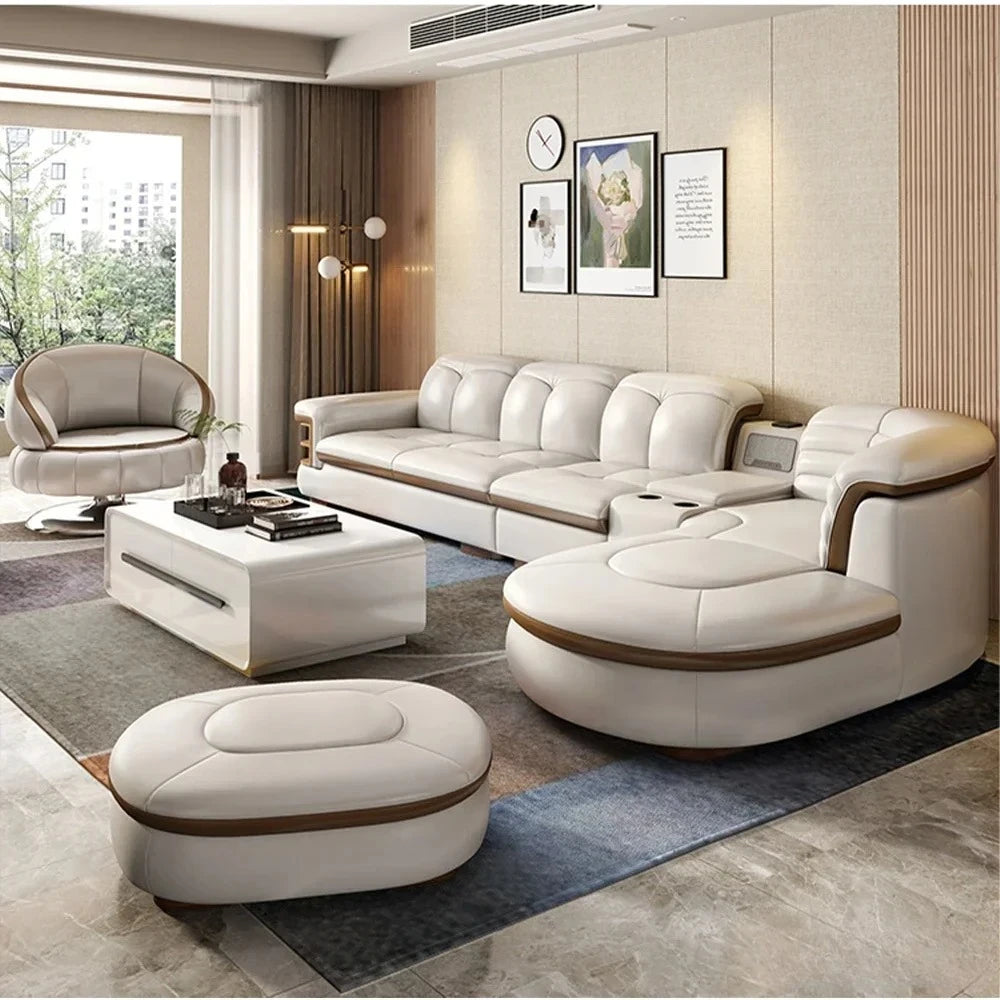 Genuine Leather Solid L-Shaped Sofa — Black | KIMLUD