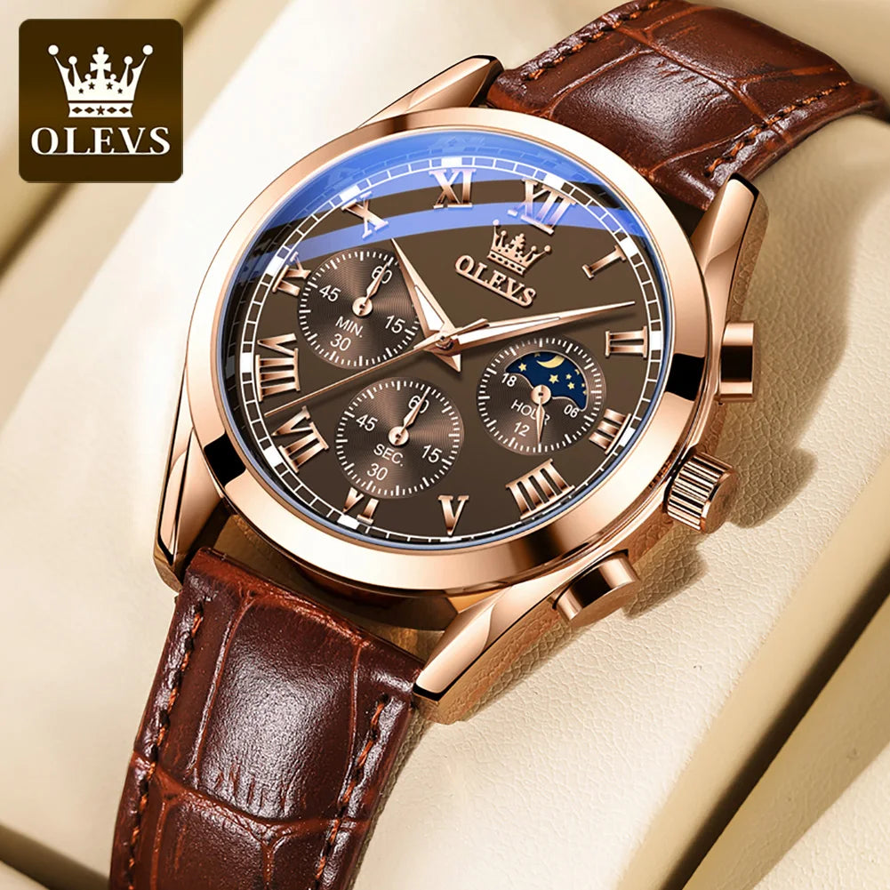 Rose-Gold Chronograph Moon Phase Watch Leather Strap — Black | KIMLUD