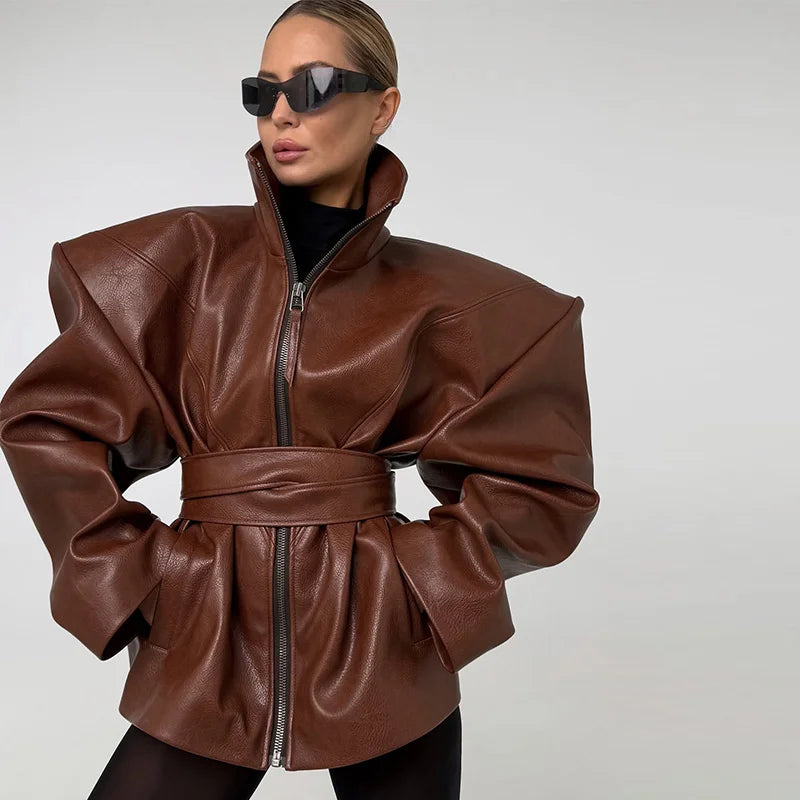 Casual Pu Leather Loose Women Jacket Belt Full Sleeve Stand Collar Zippers Female Coat 2026 Spring Autumn Lady Streetwears