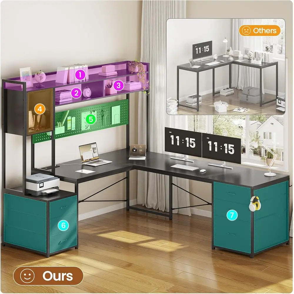 L-Shaped Gaming Desk with Drawers, Reversible, LED-lit, Black, for Dual Players with Power Outlets