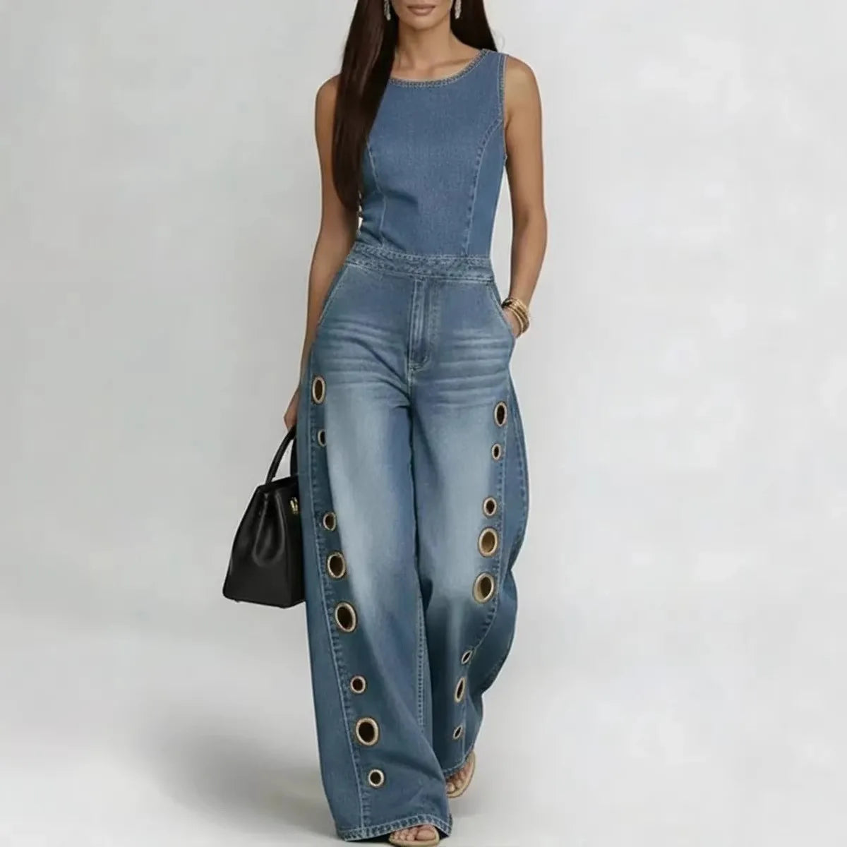 Denim Jumpsuit Sleeveless Eyelet Cutout High Waist Wide Leg — Blue | KIMLUD