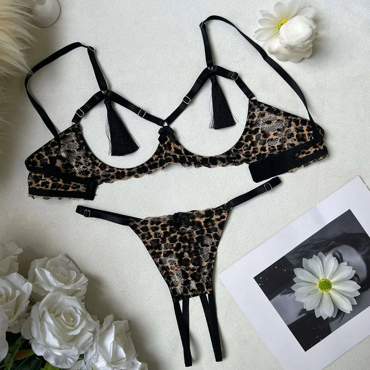 KIMLUD, Ellolace Leopard Lingeries Sexy Hot Tempted Bra Thong 2PC Set Wildness Tassels Decor Intimate Hollow Breast Open Crotch Kit, KIMLUD Womens Clothes