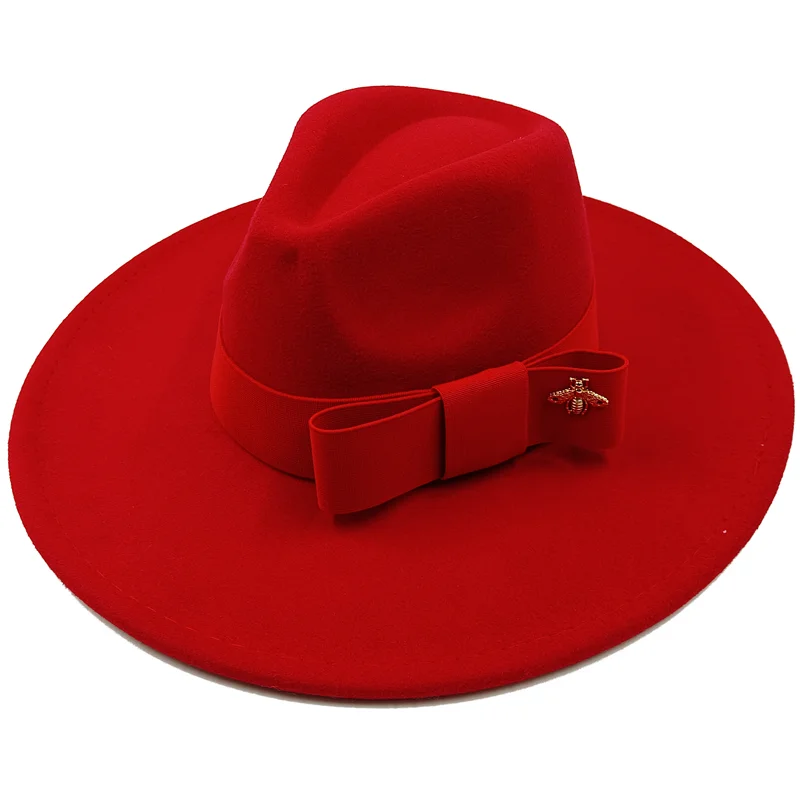 Low price wholesale Fedora hats Winter jazz monochrome bow elastic band men and women red jazz hats Fedora hats sombrero hombre - KIMLUD