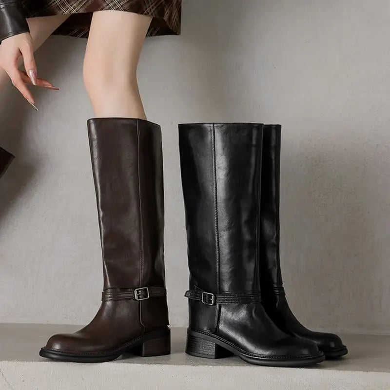 MORAZORA Genuine Leather Boots Women Square Mid Heels Black Brown Winter Boots Fashion Handmade Knee High Boots Ladies Shoes