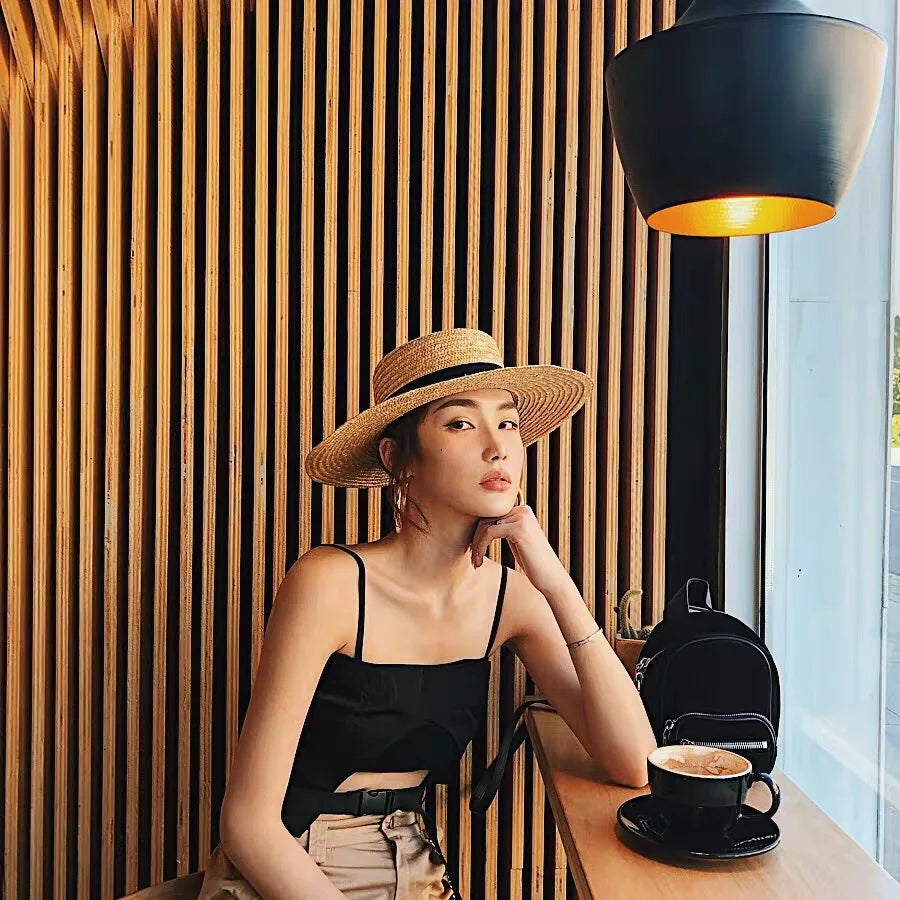 Ribbon Boater Straw Hat Sun Protection — Natural | KIMLUD