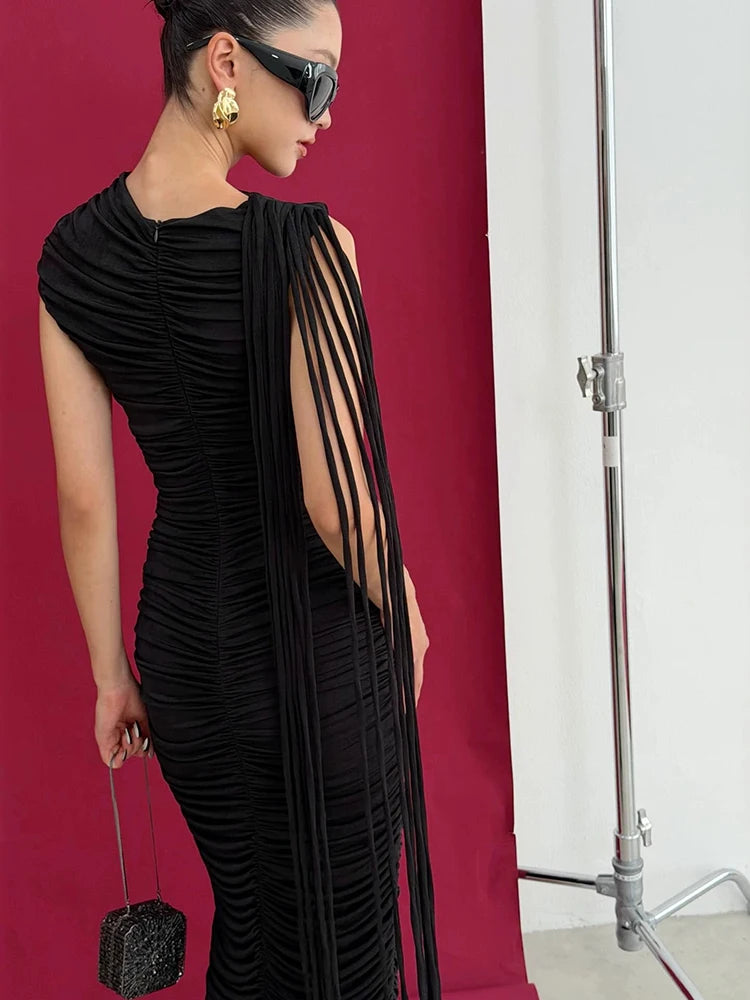 Bodycon Dress – O-Neck Tassel Patchwork – Polyester – Black | KIMLUD
