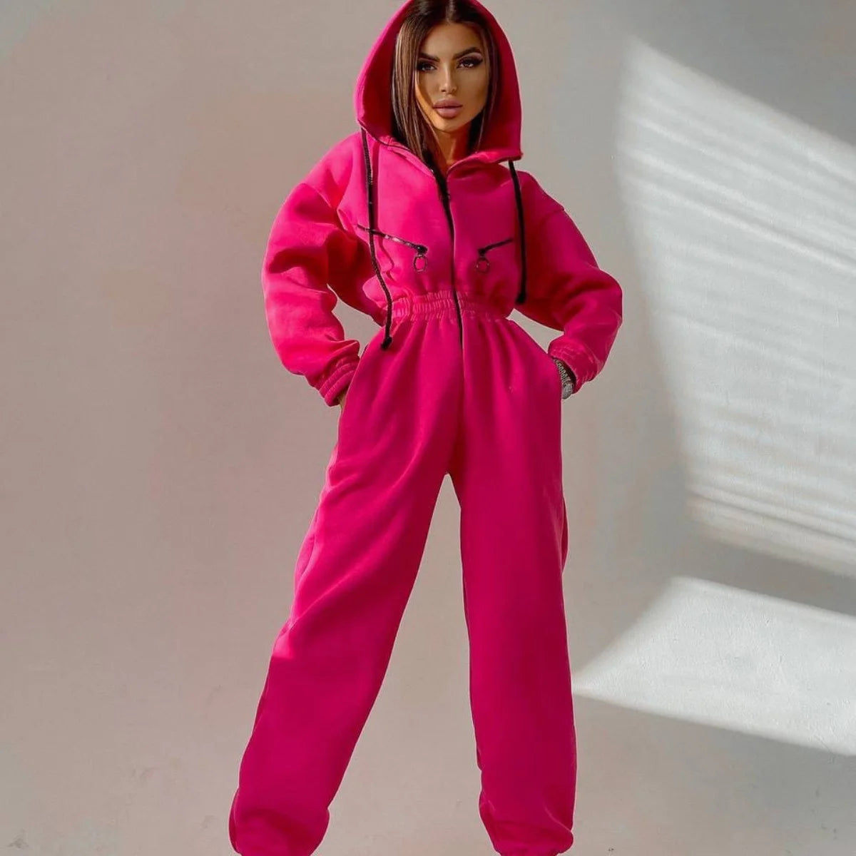 Hooded Jumpsuit – Sportswear – Polyester – Women's | KIMLUD