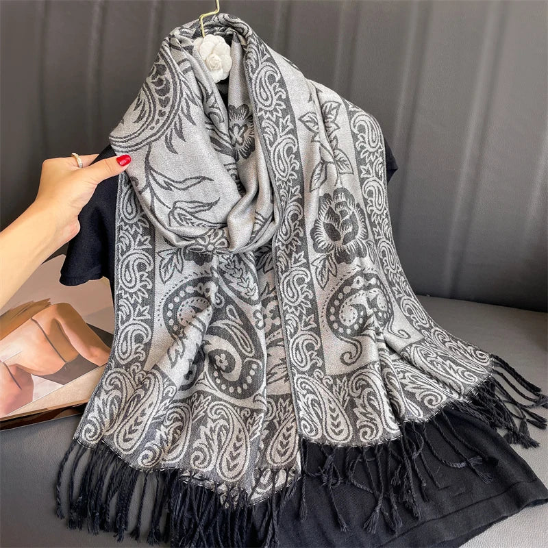 Cashmere Pashmina Shawl With Autumn Print Design, Olive Accents And Gold-Toned Fringe — Red | KIMLUD