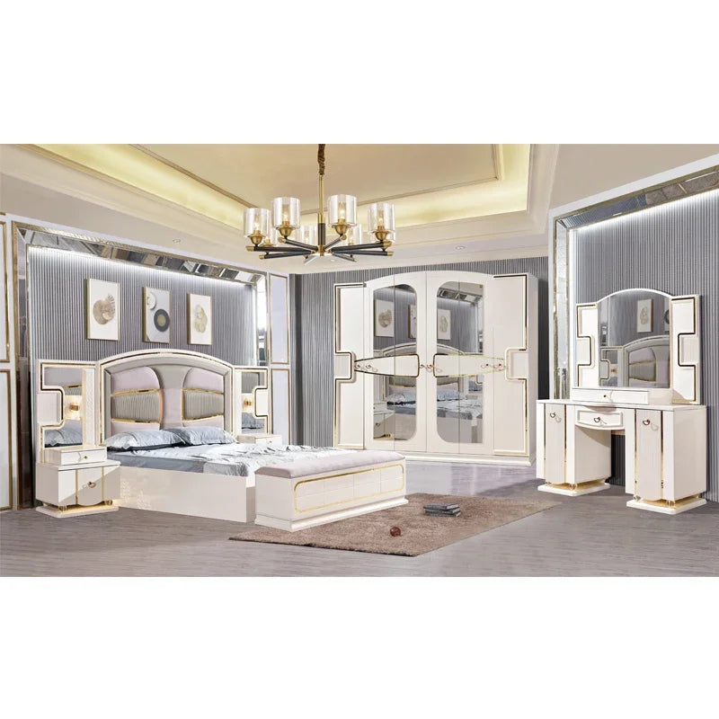 Leather King-Size Bed Set With Nightstands, Wardrobe, And Dressing Table — White | KIMLUD