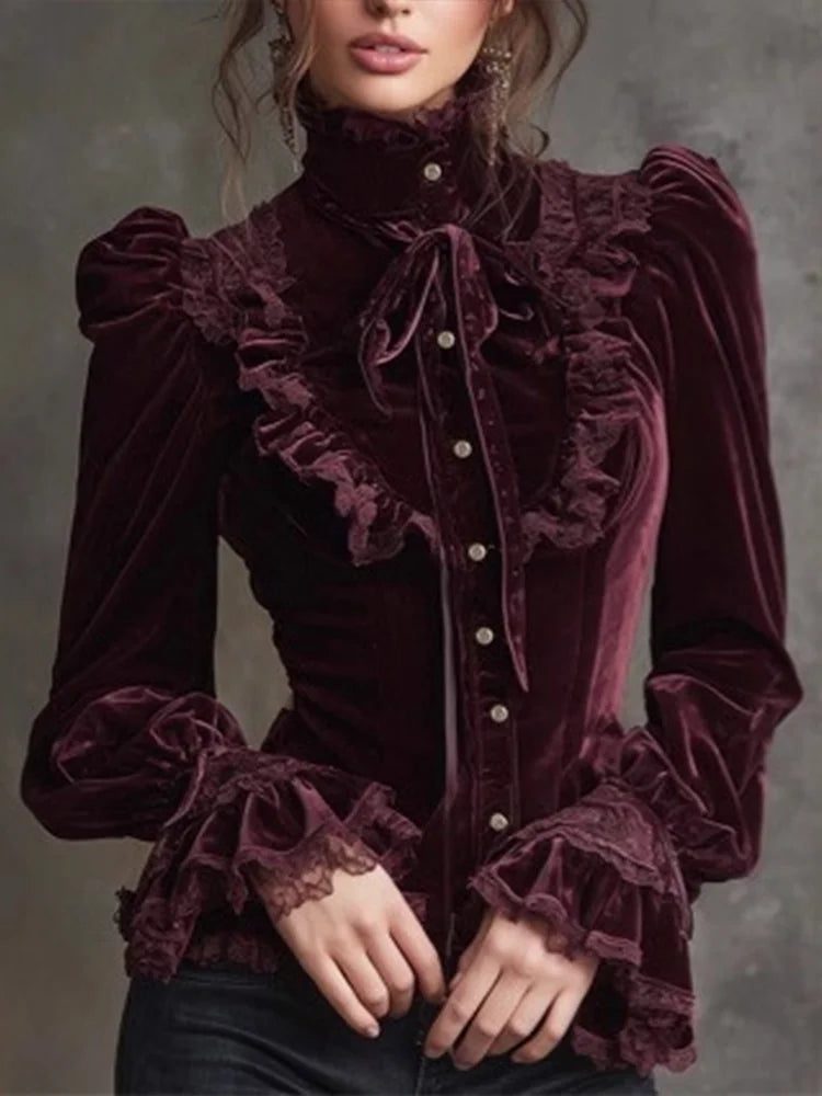 Blouse – Flare Sleeve Lace-Up Bow Knot – Flannel | KIMLUD