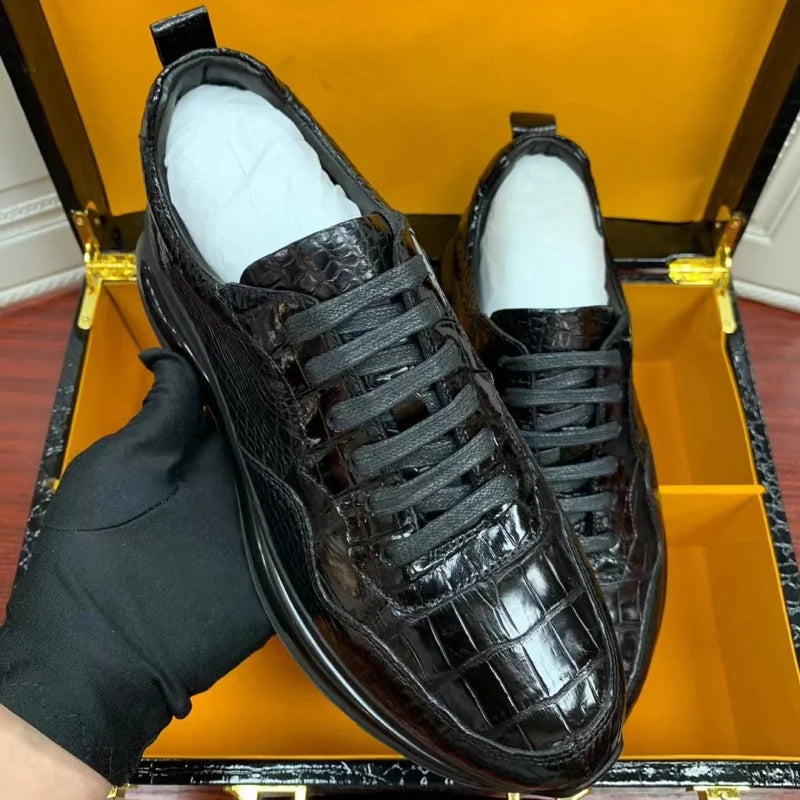 Authentic Real Crocodile Skin Men's Casual Black Sneakers Genuine Exotic Alligator Leather Male Lace-up Cushioned Walking Shoes