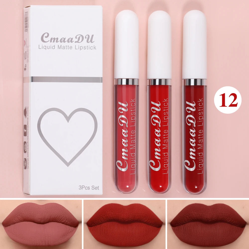 3 Pcs Matte Lipstick Lip Gloss Sets Long-Lasting Non-Fading Waterproof Non-stick Cup Exquisite Gift Everyday Holiday Universal