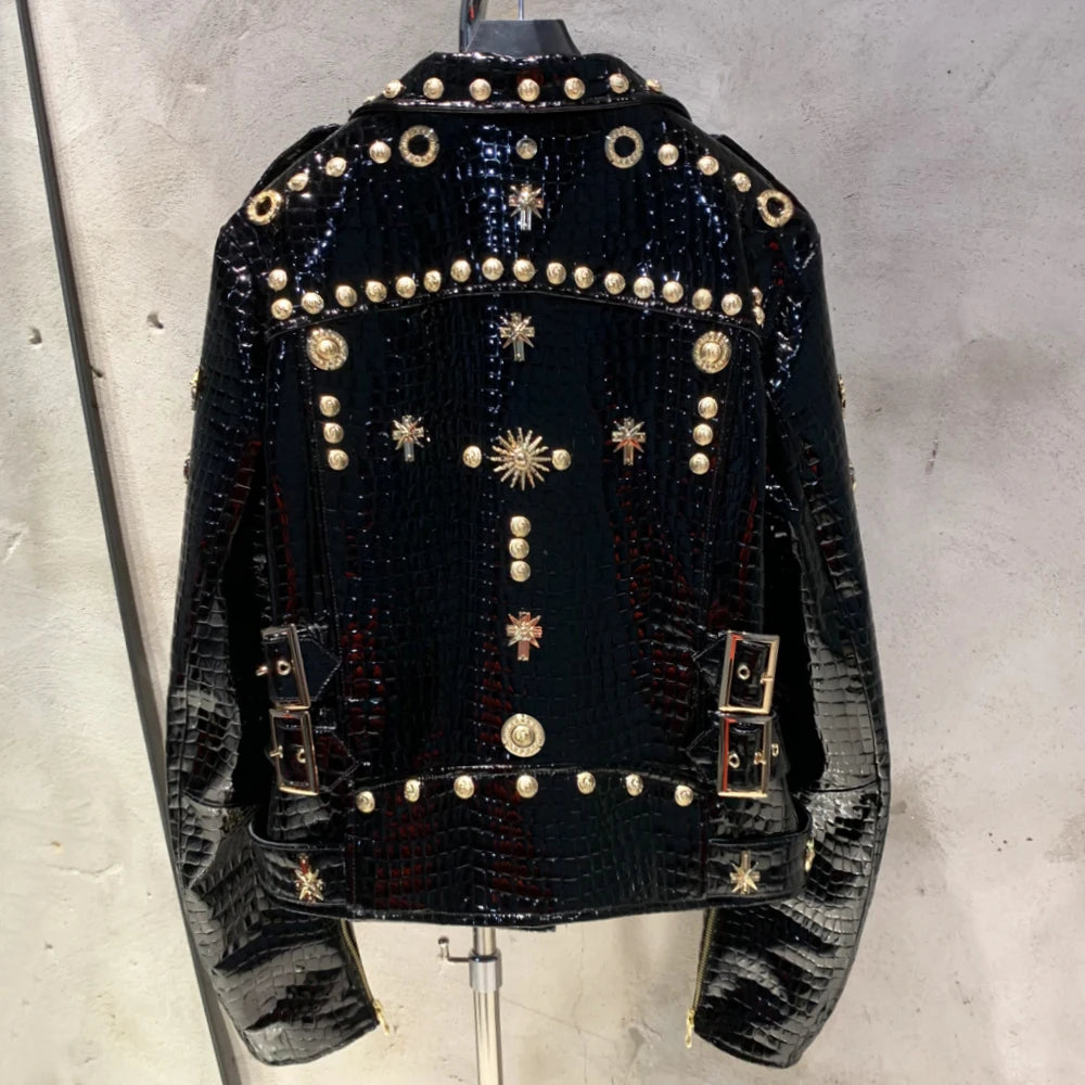Genuine Sheepskin Leather Jacket Rivet — Black | KIMLUD