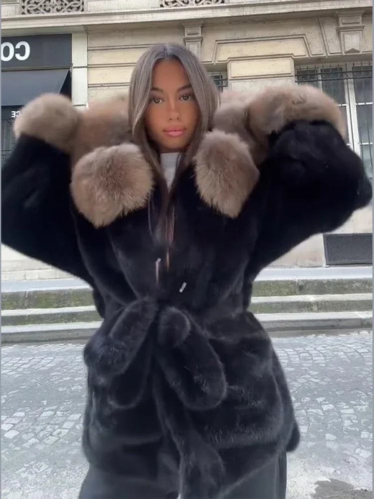 Women's Faux Fur Coats Lace Up Waist Cinching Winter Coat Autumn 2025 Female Furry Long Sleeve Slim Jacket Chic Ladies Outerwear
