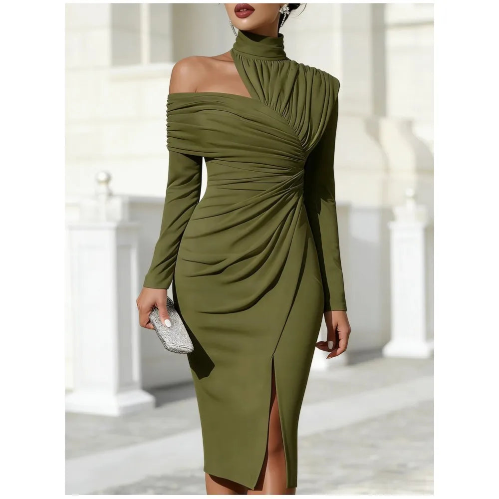 Off-Shoulder Pleated Banquet Dress With Half-High Collar Slit Long Sleeves — Black | KIMLUD