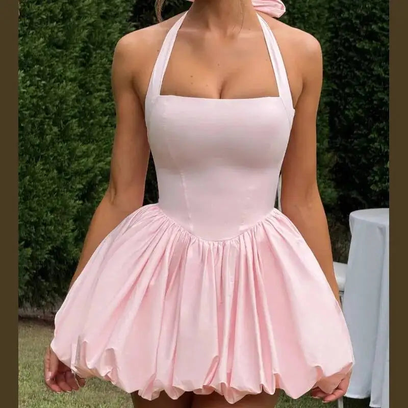 Elegant Pink Backless Pleated Lace-Up Halter Mini Dress Women Off Shoulder Sleeve Puff Hem A-Line Dresses Summer Lady Partywear