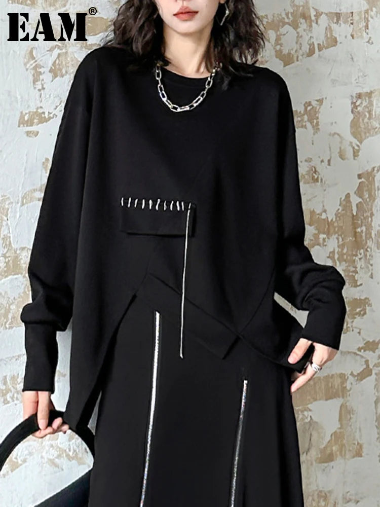 Sweatshirt - Topstitched Irregular Hem - Jersey - Black | KIMLUD