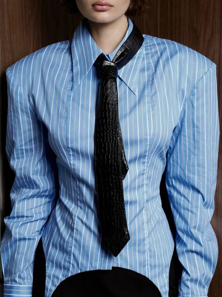 Polyester Striped Blouse Pointed Collar Long Sleeve — Blue Pinstripe | KIMLUD